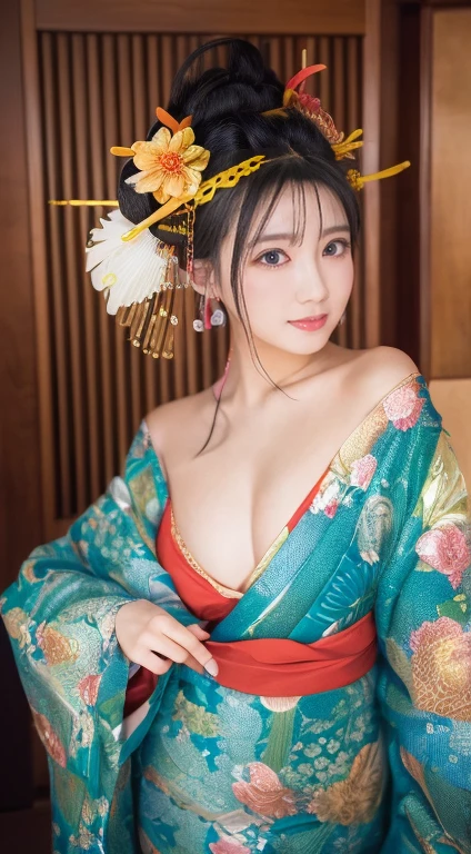 ((masterpiece(:1.4)，Highest quality，Ultra-high resolution，Highest quality，8k，Very detailed，In detail))。night，Japanese，Beautiful woman，Big Breasts，Gal Makeup，Oiran，Long-sleeved kimono，Tying up hair，hair ornaments，Smoke Tube，can，Gorgeous and luxurious，(遊郭でOiranに扮したアイドルのスナップ写真)，super high quality，Realistic，Real person