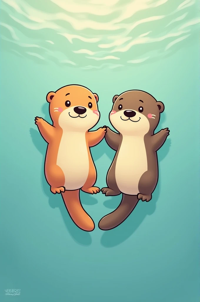 Tatoo idea, two cute otters floating on their backs, holding hands, not cartoonish