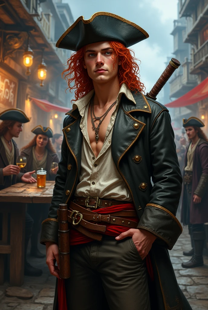 Red haired pirate, DnD world. Young male pirate with long curly red hair, he has no beard and a small scar on his nose. He’s wearing an old pirate trench cot, with an half ooen shirt under it. On his trousers he had a belt and a red band. On his head an old ruinedblack pirate hat. He’s having fun with many other sailor at the pub, there’s a storm in the background and a pirate city. He has two bastard sword on his back.