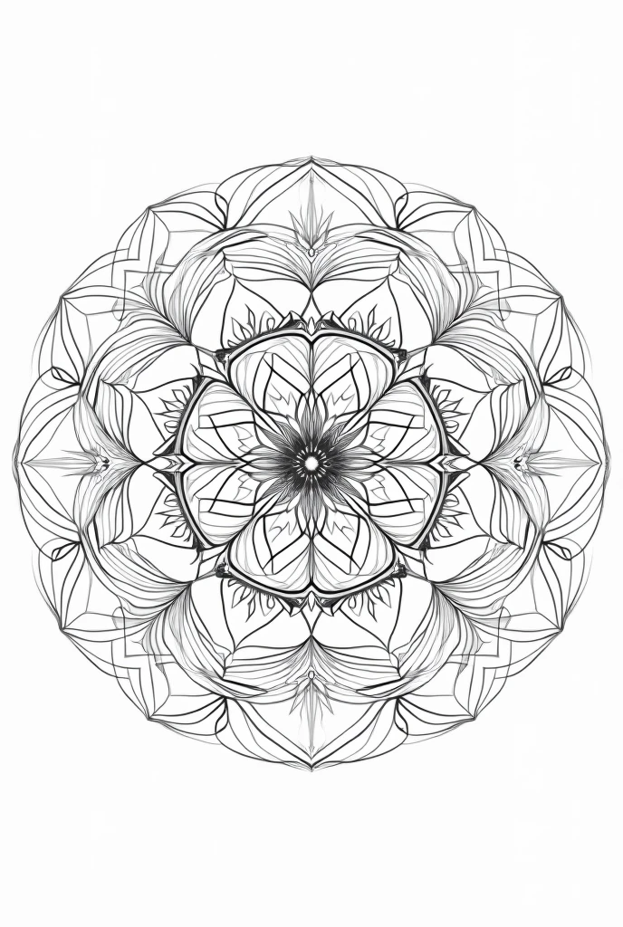 "Draw a mandala with abstract LINES patterns. Make sure the elements are symmetrical and the stroke is well defined, WITHOUT COLOR."