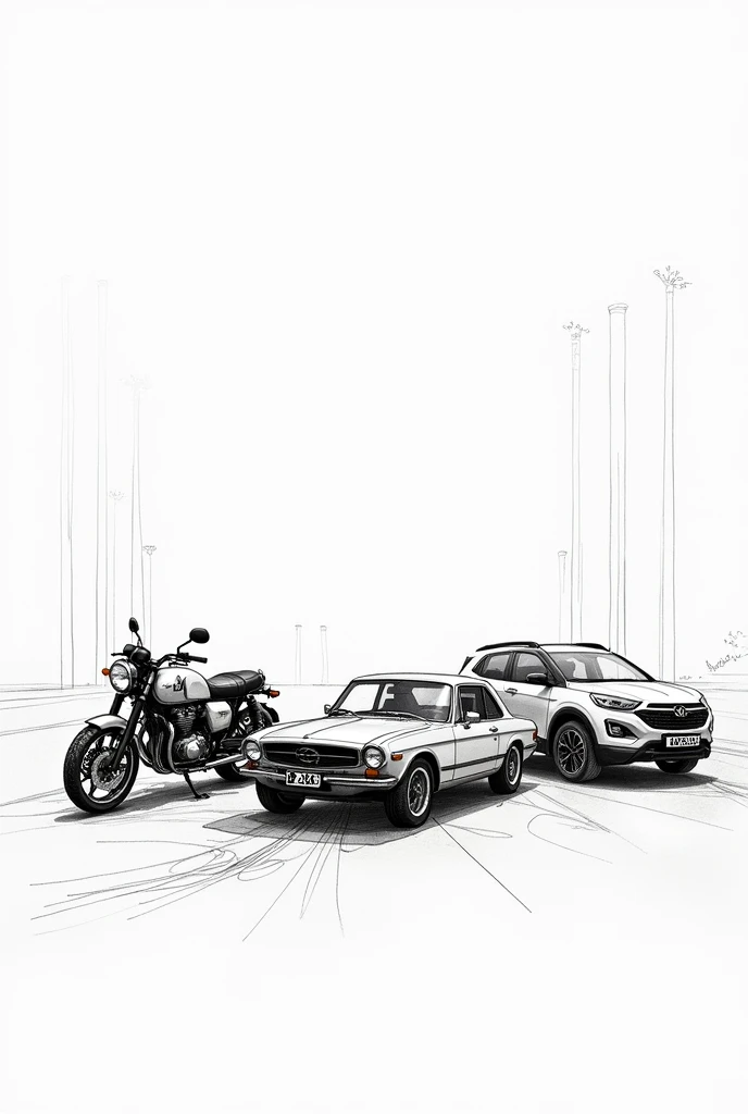 Create me a picture with the sketch outline of a honda cb 500 four, a honda xr 400 r and a Opel D OPC 2008