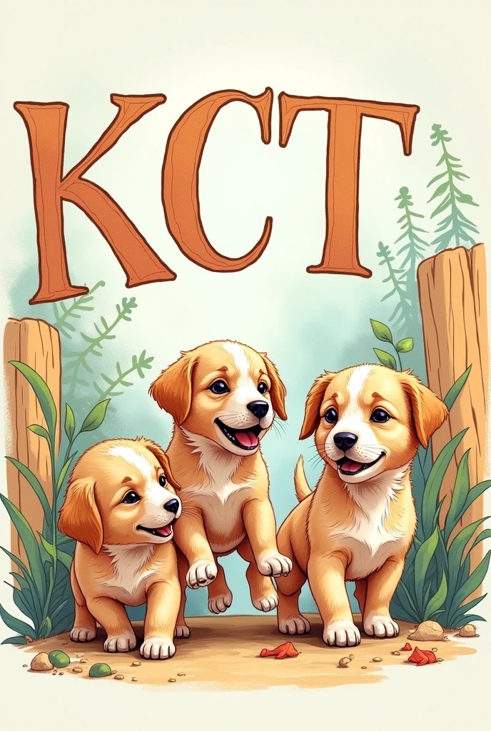 Drawing with the initials KCT and three drawings of puppies 