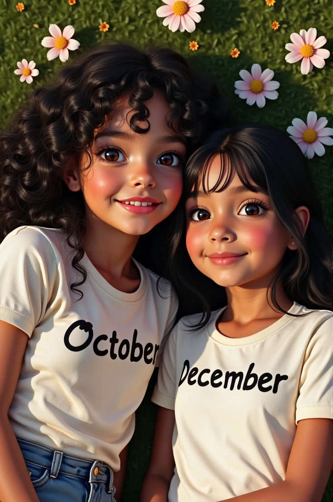 Two bright skin girl bestie lying on beautifull flower and grass.one is so chubby girl wearing October t shirt with medium long balck weavy hair and another girl is skinny wearing December written t shirt with black long straight hair
