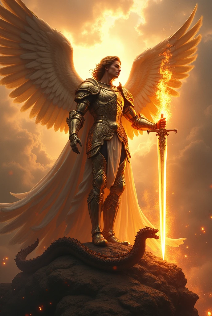 The angel Michael with immense wings stepping on the head of the infernal serpent, a sword of fire reflecting brilliant light and with an army of angels together carrying in another jar of requests to God. , dressed in imposing armor with a close-up capturing the harmonious beauty shining and the flames and natural lights, showing great power and glory