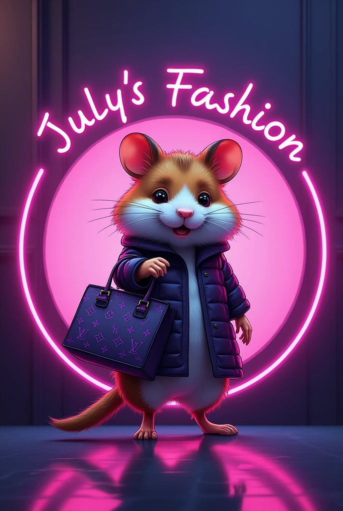 vector rounded logo of a hamster fashionist girl with a high fashion LV tote bag, 2048k, octane render, use only next colors: purple, pink, violet on the image, high contrast and vivid cinematic colors add next circle text ¨ July´s Fashion¨ in a purple neon letter