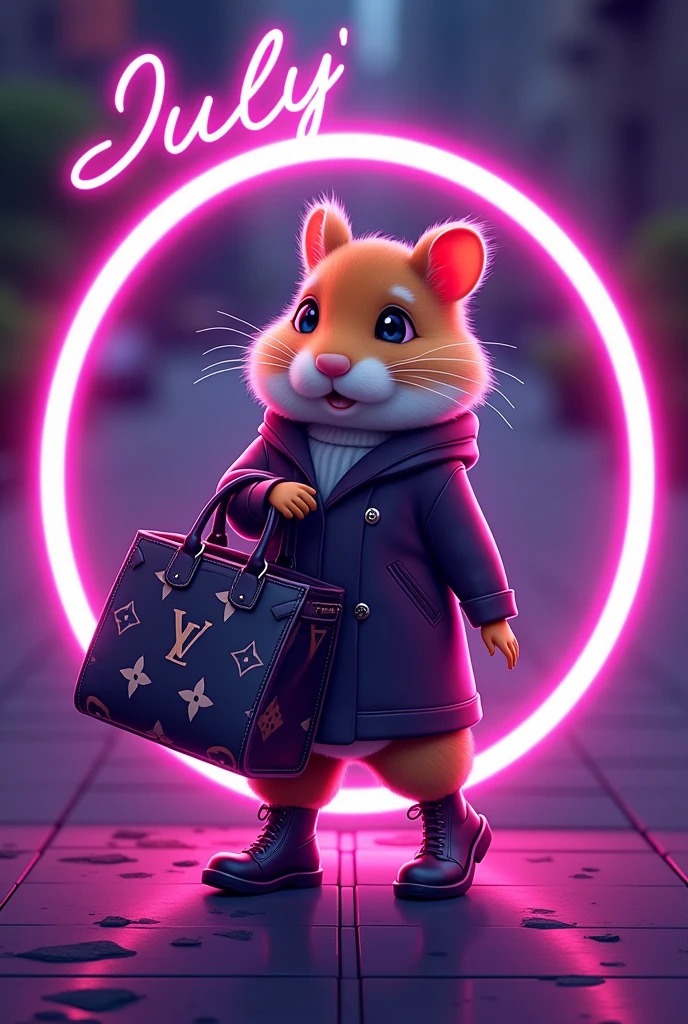 vector rounded logo of a hamster fashionist girl with a high fashion LV tote bag, 2048k, octane render, use only next colors: purple, pink, violet on the image, high contrast and vivid cinematic colors add next circle text ¨ July´s Fashion¨ in a purple neon letter