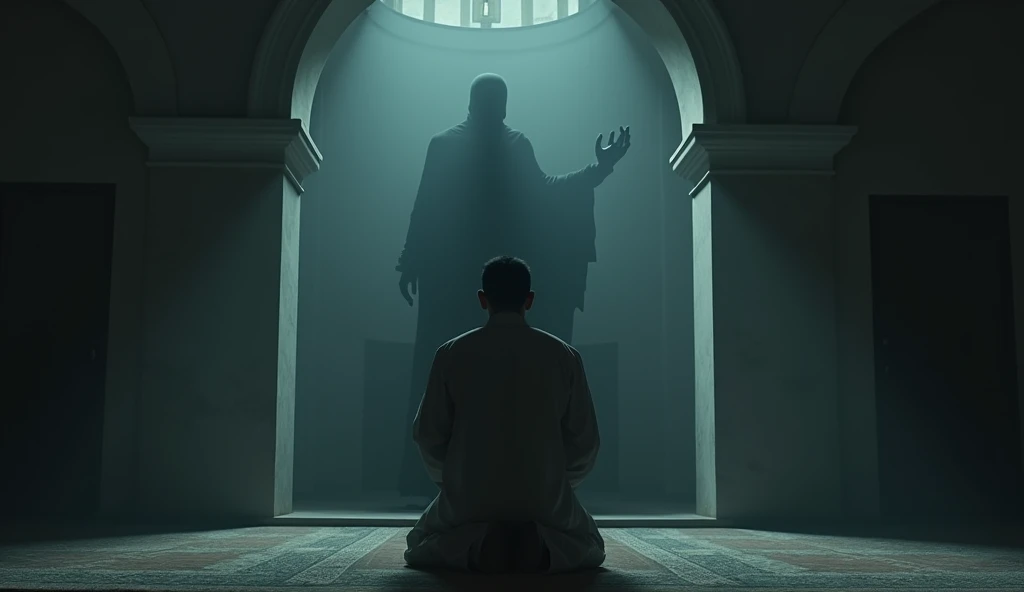 (Islamic horror story le : Shadows in the third part of the night)
Scene 4: Black Shadow Appears in Mosque
- Setting and Atmosphere: The room in the mosque remains dim with a black shadow standing in the corner of the mosque.. The atmosphere should feel tense and intense..
- Main Characters: Hassan who is prostrating in the third rakat. The black shadow should be clearly visible with a sharp gaze towards Hassan.