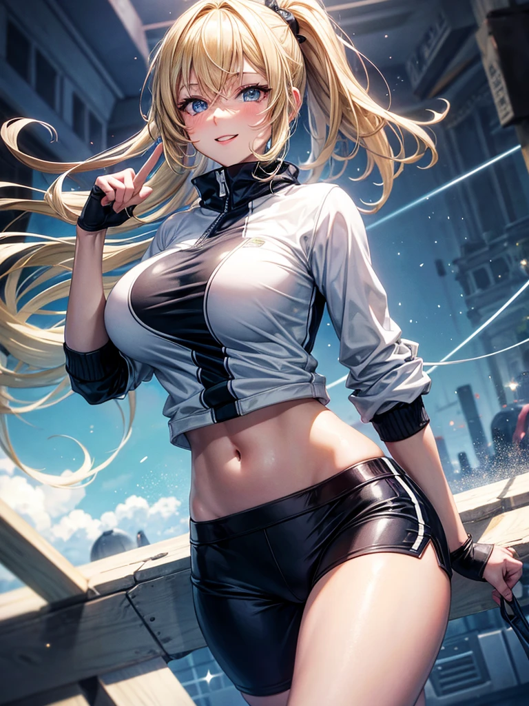 Anime style, super fine illustration, highly detailed, beautiful detailed, pale tone image, static representation, happy expression, 8k, pretty 1girl with blonde straight short hair & blue eyes & a bright smile & huge breasts & soft fair skin is wearing the black skportswear  & sportshorts & sportsjaket in the park, in the morning, in the brilliant particles of lights, romantic stories, solo, perfect fingers, perfect arms, perfect legs, masterpiece.