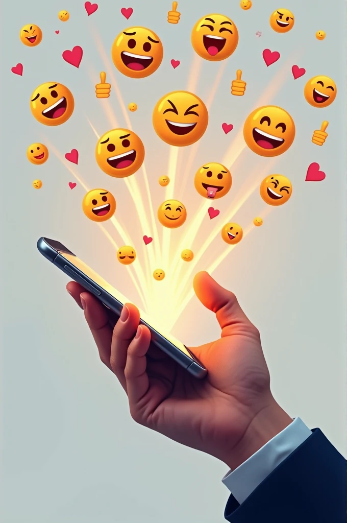Create a hand holding a cell phone related to a post and emojis come out of the cell phone