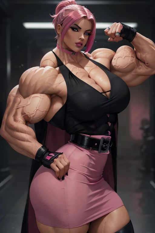 ((Close-up)), tall, (shocking pink hair), beautiful muscular business woman, angled bob cut, brown skinned, closed smile, (black lipstick), (massive muscles), (hyper muscle), ((ginormous bulky muscles)), red eyes, ((((black overcoat)))), ((((pink formal top)))), (((pencil skirt with belt))), (fingerless gloves), choker, in airport, 