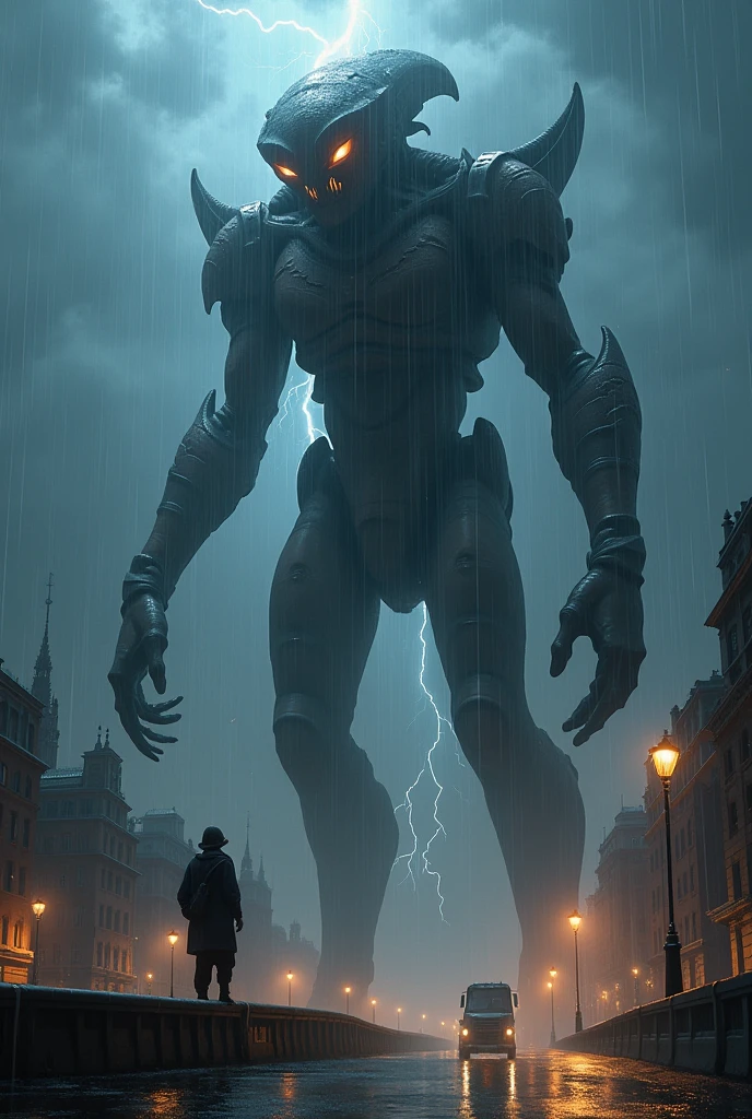 Absolutely massive alien titan towering over the city of London at night, panoramic shot, giant alien monster, incredible scale, arching over the cityscape, backlit by lightning, view from the side, attacking, complex character design, multiple arms, a tail, original character, rain, dramatic scene, cinematic, horror