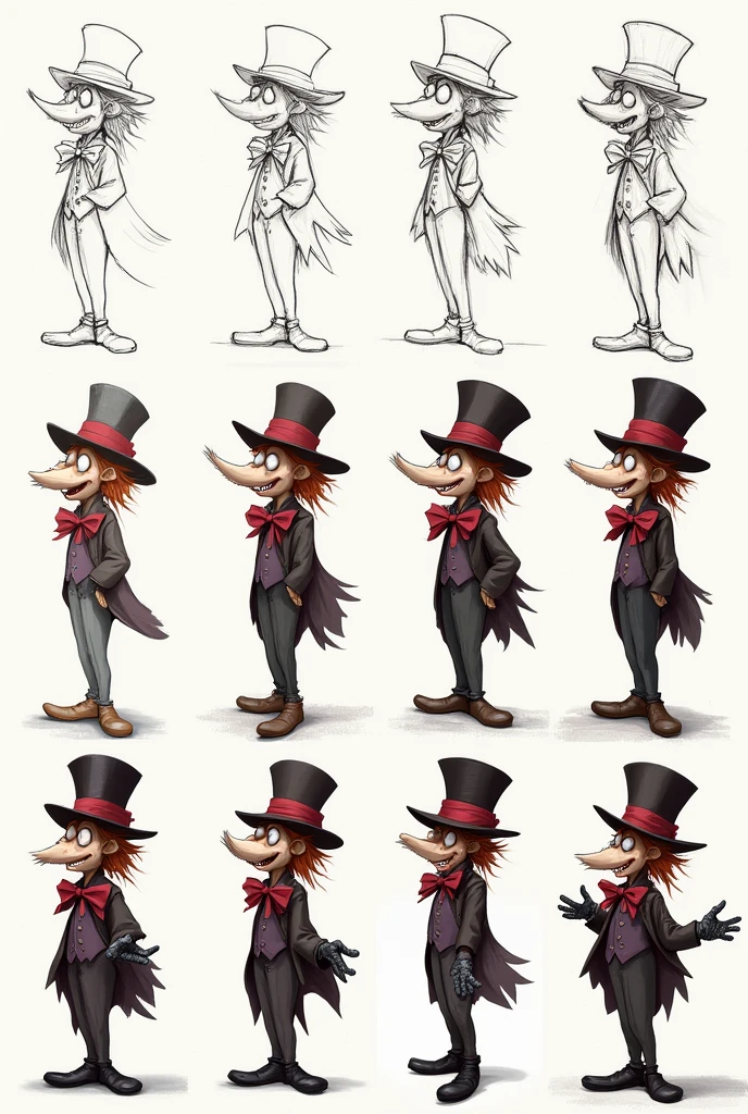prompt: “Draw the Mad Hatter from Alice in Wonderland in twelve squares. Each box should show a stage of the drawing process, from a simple sketch to a fully detailed and colored image.
1. Box 1: A simple initial sketch with basic lines outlining the head, body and hat of the Mad Hatter.
2. Box 2: Add the general structure of the body, the arms, legs and the shape of the hat.
3. Box 3: Detail the Mad Hatter's face with lines indicating the eyes., nose and mouth.
4. Box 4: Start detailing the hat, including the '10 poster/6’.
5. Box 5: Complete the details of the face with your eccentric expression, including eyebrows and wrinkles.
6. Box 6: Detailing the clothes, like the coat, the bow tie, and add fold lines and wrinkles.
7. Box 7: Draw the hands and any accessories like a teacup or teapot.
8. Box 8: Add the initial shading to give volume to the character.
9. Box 9: Complete the shading, adding more depth and contrast.
10. Box 10: Apply the base colors to the hat, clothes and skin.
11. Box 11: Detail the colors with tone variations and add highlights.
12. Box 12: Final image fully detailed and colored, showing the Mad Hatter in all his details.”This prompt is designed to guide an image generating AI through each stage of drawing, ensuring that the process from sketch to final image is well represented in the twelve boxes.