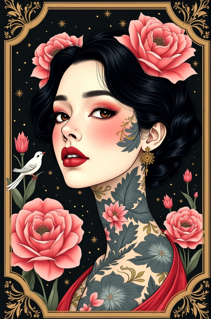 ((best quality)), ((masterpiece)), (detailed), ((perfect face)), surreal, art nouveau, in the illustrative style of moebius, sparrows, fantasy, ethereal, gold border, graphic novel, line drawing, japanese, traditional, vintage, elegant, chic, sophisticated, tattooed face, vibrant pinks, stark blacks, gold details, 