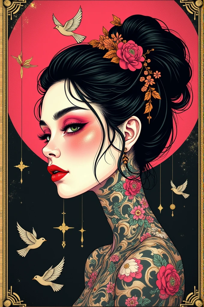 ((best quality)), ((masterpiece)), (detailed), ((perfect face)), surreal, art nouveau, in the illustrative style of moebius, sparrows, fantasy, ethereal, gold border, graphic novel, line drawing, japanese, traditional, vintage, elegant, chic, sophisticated, tattooed face, vibrant pinks, stark blacks, gold details,