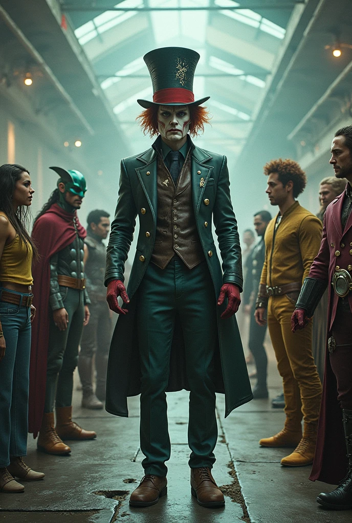 Mad Hatter on the platform disguisedly around the heroes Mad Hatter Cyborg Joker Echo (Maya Lopez)
Jason Grace
Leo Valdez
Loki
Nico di Angelo
Piper McLean
Professor Xavier
Reyna Avila
Toph
Thor