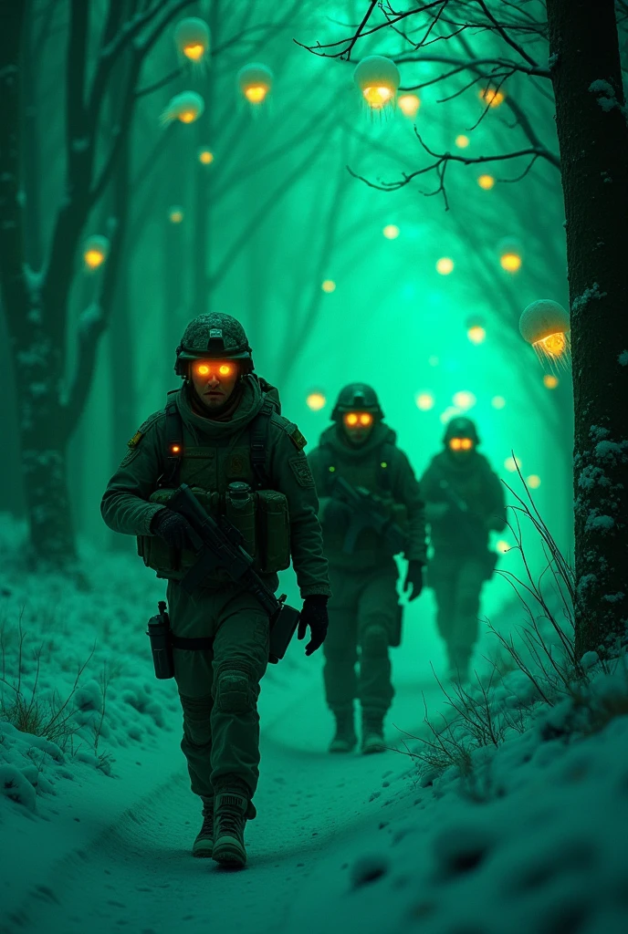 Image from an old night vision camera showing cyberpunk military men walking through a dark snowy forest at night on a mission, they are talking between, laughing and gesturing. Pisces, jellyfish and sharks swimming in the air everywhere.