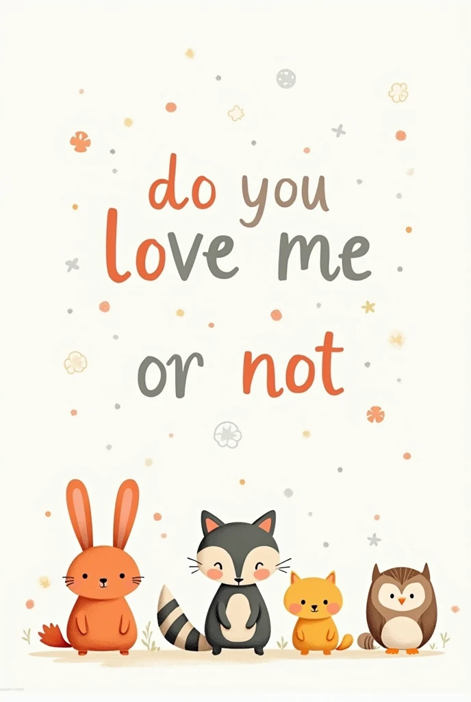 simple colorful art print with cute animals and text that says "Do you love me or not" inspired by Jon Klassen's distinct style. Utilize a desaturated, light, and airy pastel color scheme, perfect for nursery art. The artwork should be set against a clean white background, capturing the essence of whimsical and calming children's book illustrations. Emphasize the gentle and soothing tone of the image, making it ideal for a peaceful nursery setting.