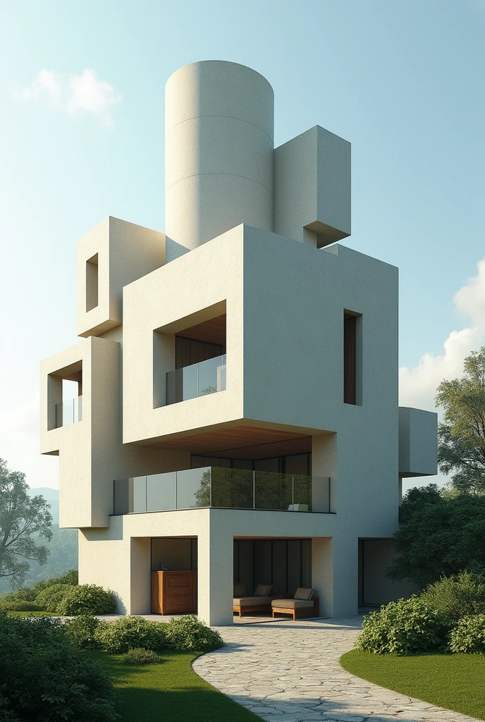 House that is shaped like a rectangle , cylinder and squares 