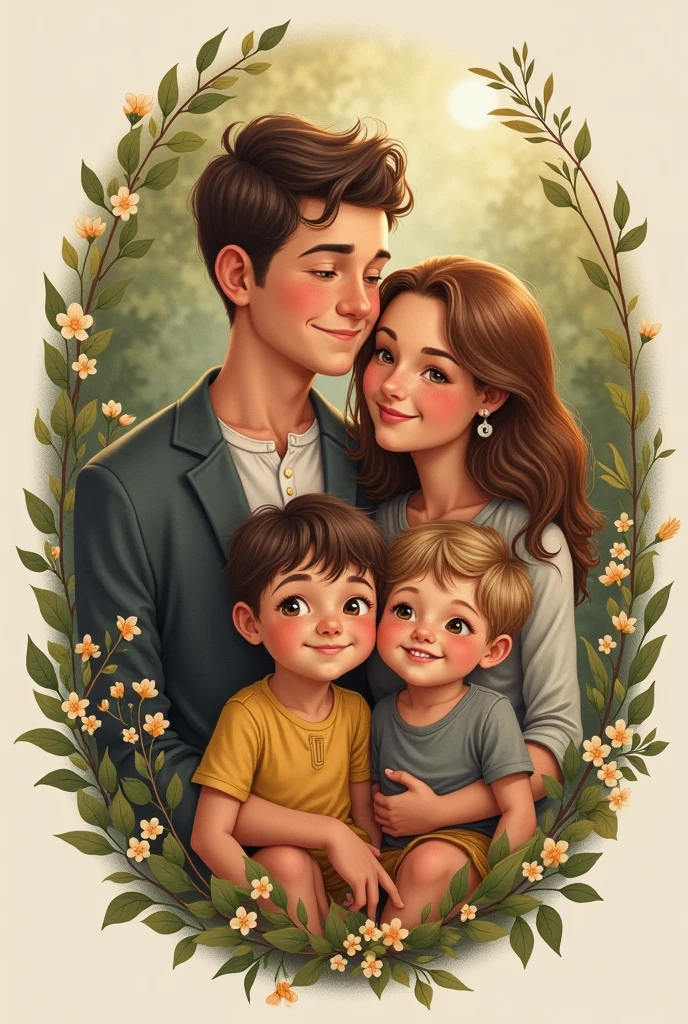 Create an image for a tattoo that represents a family of three children, dad and mom. All of its members' names begin with the letter "A