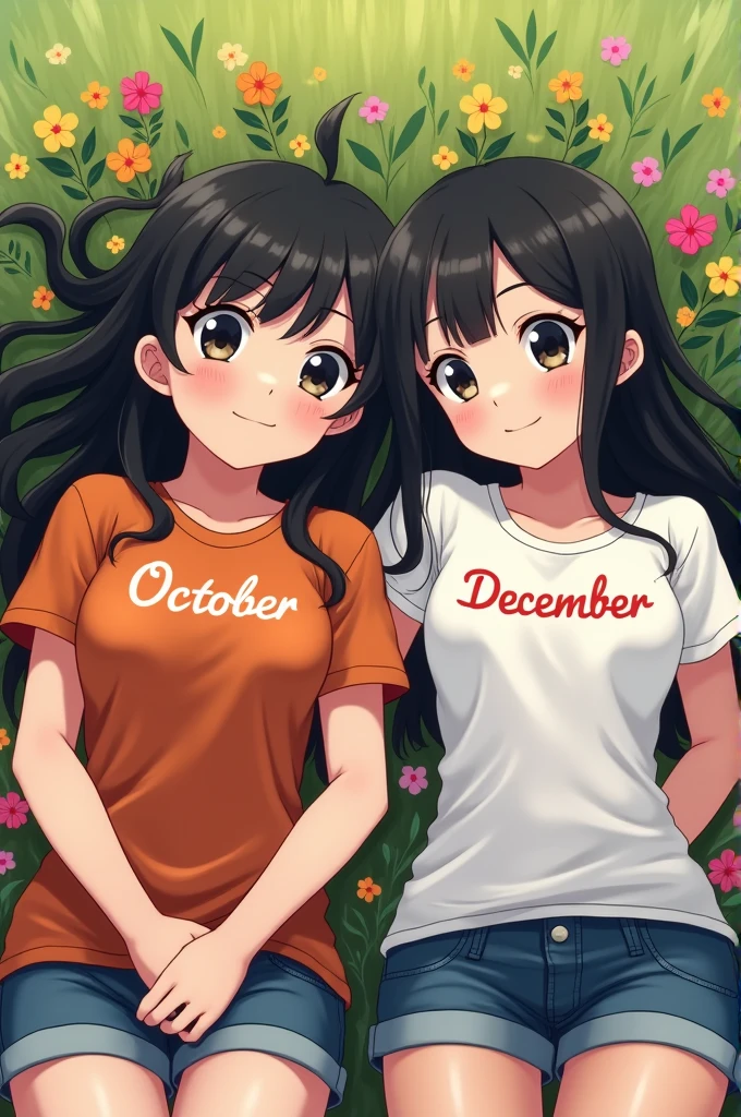 Two bright skin anime girl bestie lying on beautifull flower and grass.one is so chubby girl wearing October t shirt with medium long balck weavy hair and another girl is skinny wearing December written t shirt with black long straight hair