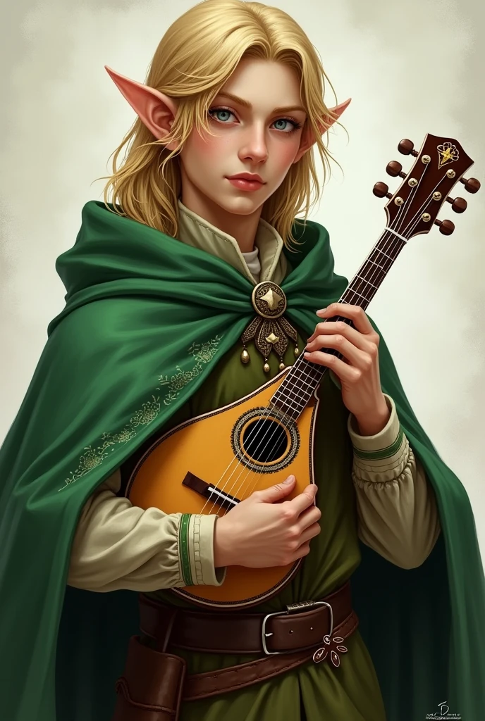 Half elf blonde shoulder length hair with green cape. blue eyes. He has a mandolin