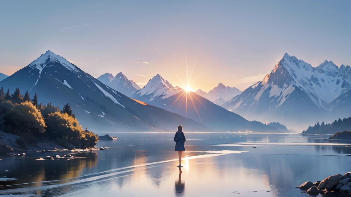 A serene landscape, like a quiet beach or a mountain with a clear sky. Spotlight, a person meditating or just observing the landscape, showing calm and reflection.

