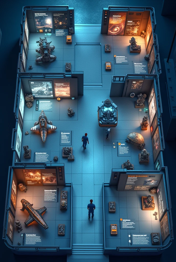 a map of a museum seen from above with interactive displays on the walls, where the theme is space travel, with four separate rooms, no people inside
