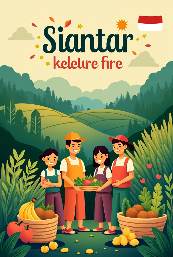 Poster with the theme of local food (Siantar/North Sumatra) with the words "Dari Tanah Kita, Untuk Pangan Kita" (look simple but great to see and have people or like flag Indonesian, and have food or fruit, like banana, potato anything)