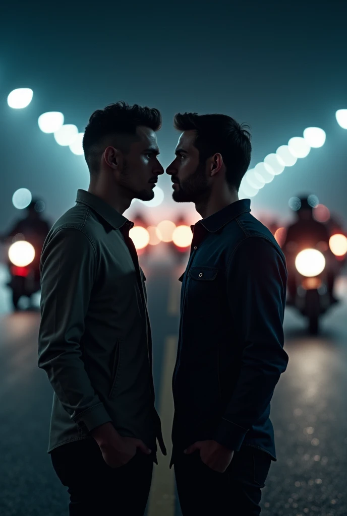 Photorealistic image of two guys with their backs turned against the background of night motorcycle races. They look at each other with passion and desire in their eyes.