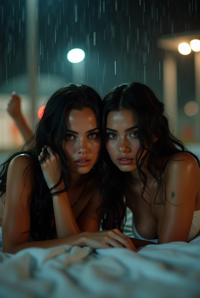 (full-length shot:1) photorealistic image of two women (reclining pose:1), ultra-realistic, photography, long hair, woman, 2, hourglass figure, perfect body, flirtatious look, big natural breasts, blurred background, they are lying on a bed with white sheets, touching each other lovingly, wearing white lace lingerie, long eyelashes, cat eye makeup, sexy pose, erotic pose, seductive pose, in a parking lot, late at night, they are humid, wet hair, under the rain, removes one of the bra straps, Dutch angle, from behind, from behind, rotated, upside down, lens flare, bokeh, wide angle, f/1.2, 85 mm, Sony FE GM, emphasis lines, 85 mm, composition on social media, projected inset, first-person view, three-sided view, multiple views, blurred foreground, bokeh, bokeh, diffraction peaks, eye-level shot, emphasis lines, foreshortening, chromatic aberration, motion blur, lighting cinematic, chiaroscuro, depth of field, blending, light flare, dithering, abuse of chromatic aberration, bloom, halftone, Fujicolor, vignetting, high detail, high quality, best quality, award-winning, high resolution, masterpiece, accurate, anatomically correct, accurate