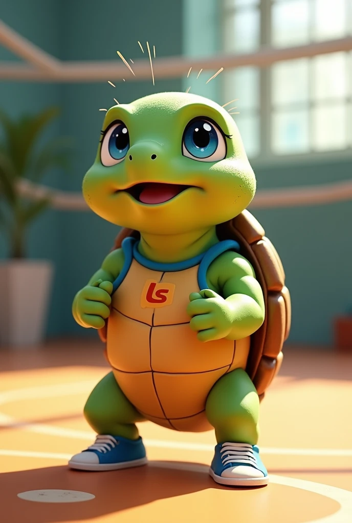 Waku, an adorable turtle with vibrant green skin and a rich brown shell, looks up with bright blue eyes that shine with excitement, as if celebrating a triumphant spike, stands on a modern indoor volleyball court, with a volleyball in his hands ready for volleyball training, wearing a small tank top with a stylized orange "LS" logo on the chest, his tiny tennis shoes laced up and ready for the next serve with a volleyball in his hands , a few strands of sweat-soaked hair stick to his forehead, capturing the essence of his cheerful and competitive spirit, with soft, warm lighting casting a comforting glow on the overall scene.