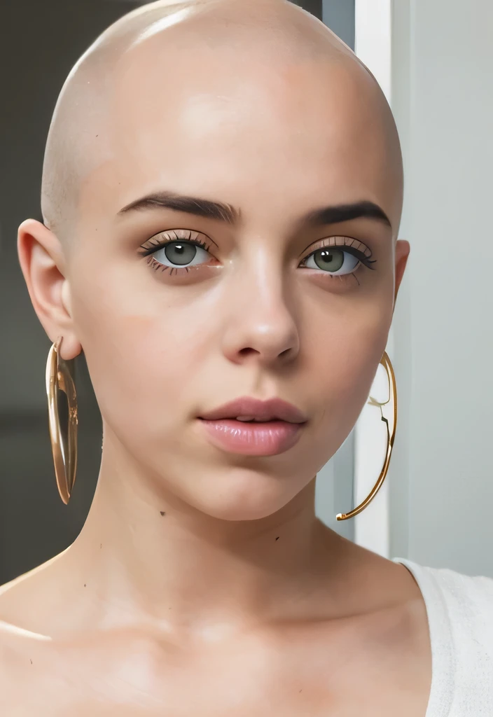 Passport style photo facing forward, Brightly lit front facing Bald Billie eilish Attractive female woman front view, front view focus on face, portrait , face portrait close up, facing the viewer, maintains eye contact, close-up, bald beauty, face centered, symmetrical face, beautiful lips, white skinned sexy griffon female griffon alien no hair her head, with a sexy knock out body, large saggy tits, (Her face is gorgeous), Her skin is smooth, moist, and glossy, perky sharp ears, clean lines, photoshoot, no background, sexual soft skin, sexy extraterrestrials,she has plump juicy lips,