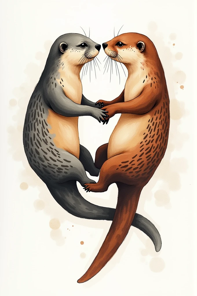 Watercolor Tatoo idea, two otters floating on their backs, holding hands, tribal style