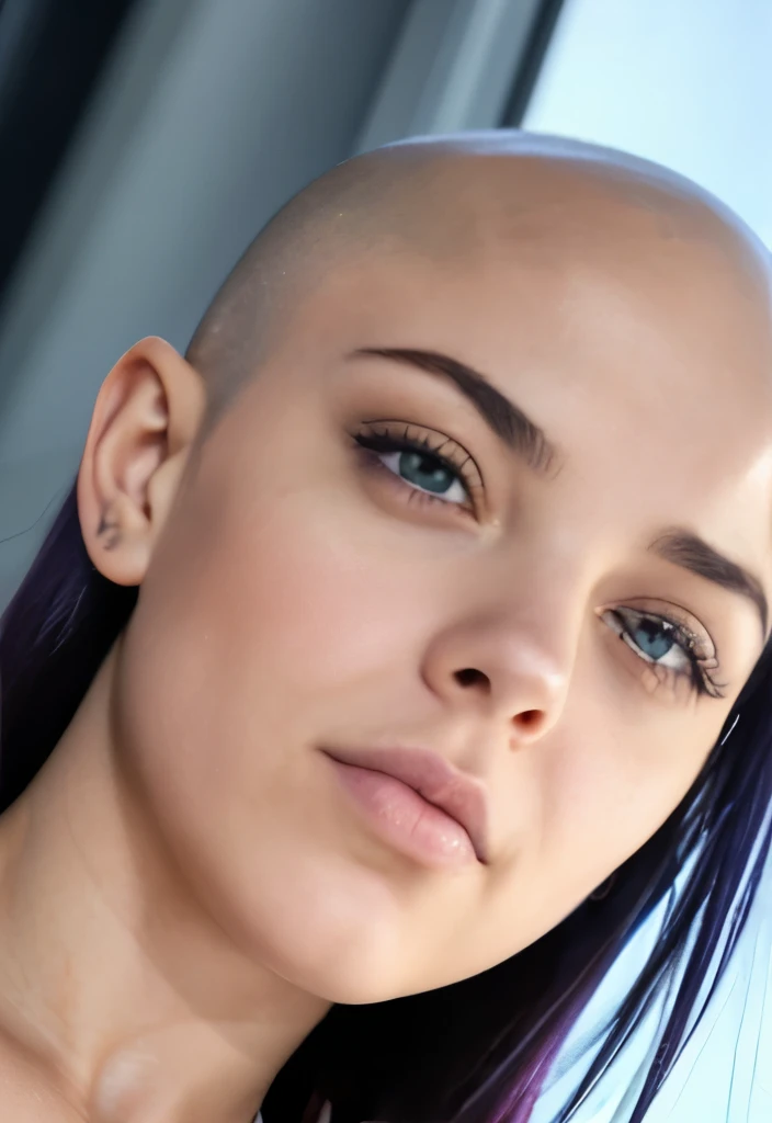 Passport style photo facing forward,  Brightly lit front facing Bald Billie eilish Attractive female woman front view, front view focus on face, portrait , face portrait close up, facing the viewer, maintains eye contact, close-up, bald beauty, face centered, symmetrical face, beautiful lips, white skinned sexy griffon female griffon alien no hair her head, with a sexy knock out body, large saggy tits, (Her face is gorgeous), Her skin is smooth, moist, and glossy, perky sharp ears, clean lines, photoshoot, no background, sexual soft skin, sexy extraterrestrials,she has plump juicy lips,