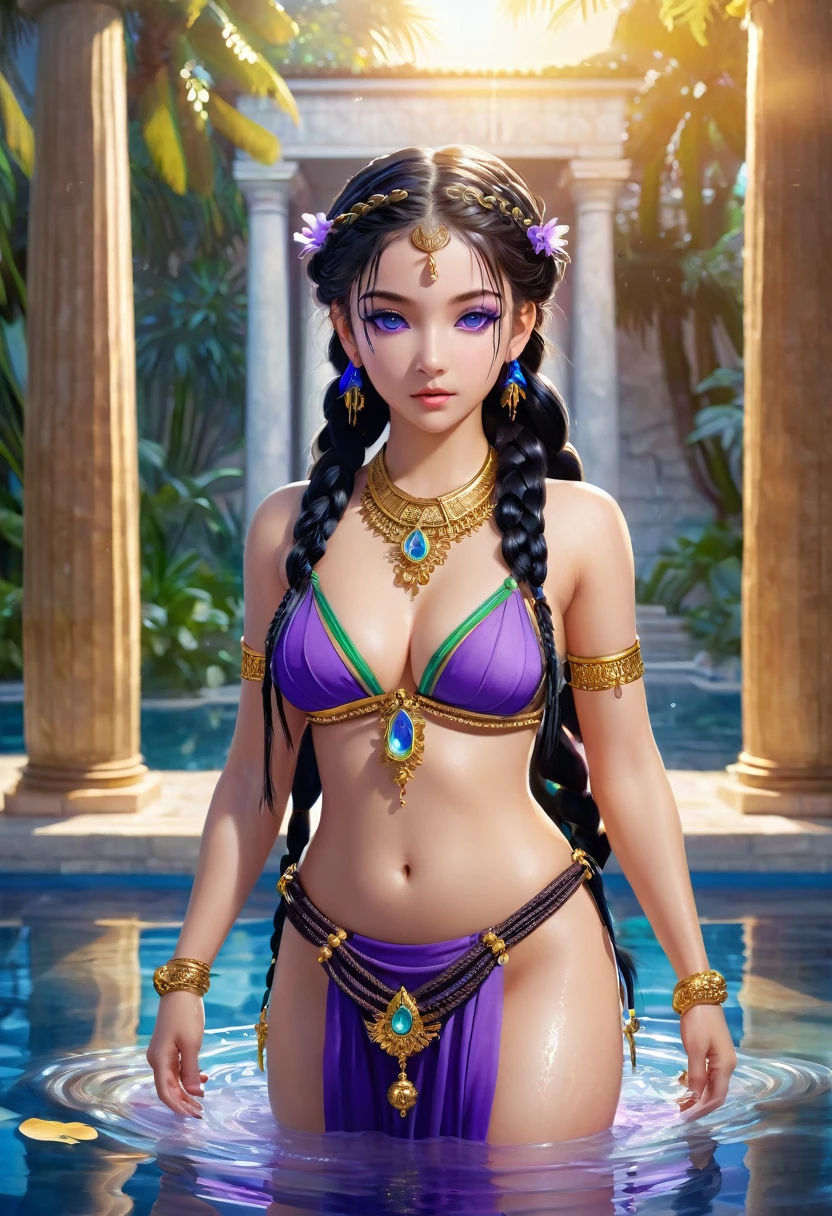 small Tribal,(((small ,small tiny body,,chibi,small))),((())),(((1 baby:1.4))),(child's face),(round face),(small chest),(big forehead:1.2),(beautiful big eyes:1.3),extremely detailed Cute anime face,
(((flat chest))),((((long double braids,tight braids,long braid,Braided hair,long cut hime,dark hair,black hair,dyed inner hair)))),(((violet_eyes:1.3))),difficult eyes,beautiful detailed eyes,symmetrical eyes,(big eyes:1.5),((((Shiny skin:1.5,tanned skin,bright skin: 1.5,tanned skin,Shiny skin,very Shiny skin,shiny body,Reflective skin)))),(((detailed face))),beautiful detailed lips,
(Cute,kawaii,(nsfv)),🦄,🌈,
no top,not good,loincloth without panties,rags,Tribal,barefoot,Bare hands,exposed navel,NECKLACE,((pink loincloth,wet loincloth,difficult loincloth)),
dynamic pose,I look at the viewer,embarrassed,centered,scale to size,Rule of thirds,
((beautiful bathhouse made of Greek marble and columns, beautiful clear water in the pool)),landscape:1.25,((difficult landscape)),((Greek temple background)),on open air,overgrown,(overgrown background,luminous crystals,bioluminescent plant),extremely landscape,(((luminous crystals,bioluminescent plants))),(Puddles are everywhere,month,month on the background),clouds,water lilies,palms,already,(sunset, golden hour),
(Glossy Egyptian ornaments),a high resolution,Sharp Focus,(Ultra detailed,extremely detailed),(photorealistic work:1.37),(extremely detailed CG unity 8k wallpaper),(((bright colors,bright theme))),(difficult),(masterpiece),(Best quality),