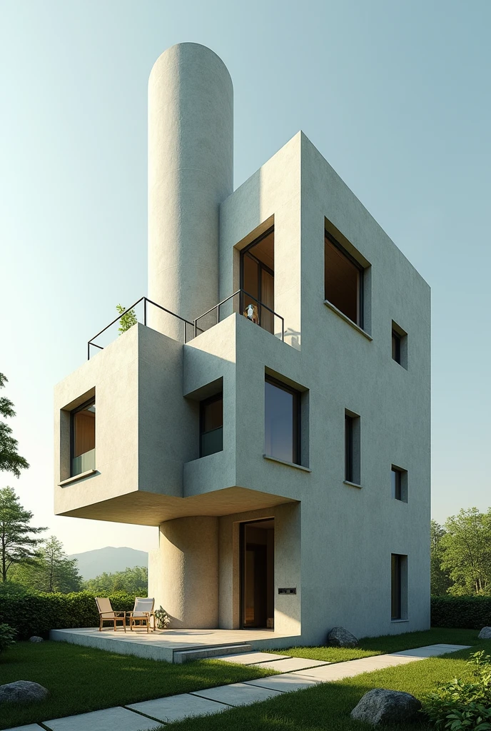 House that is shaped like a rectangle , cylinder and squares