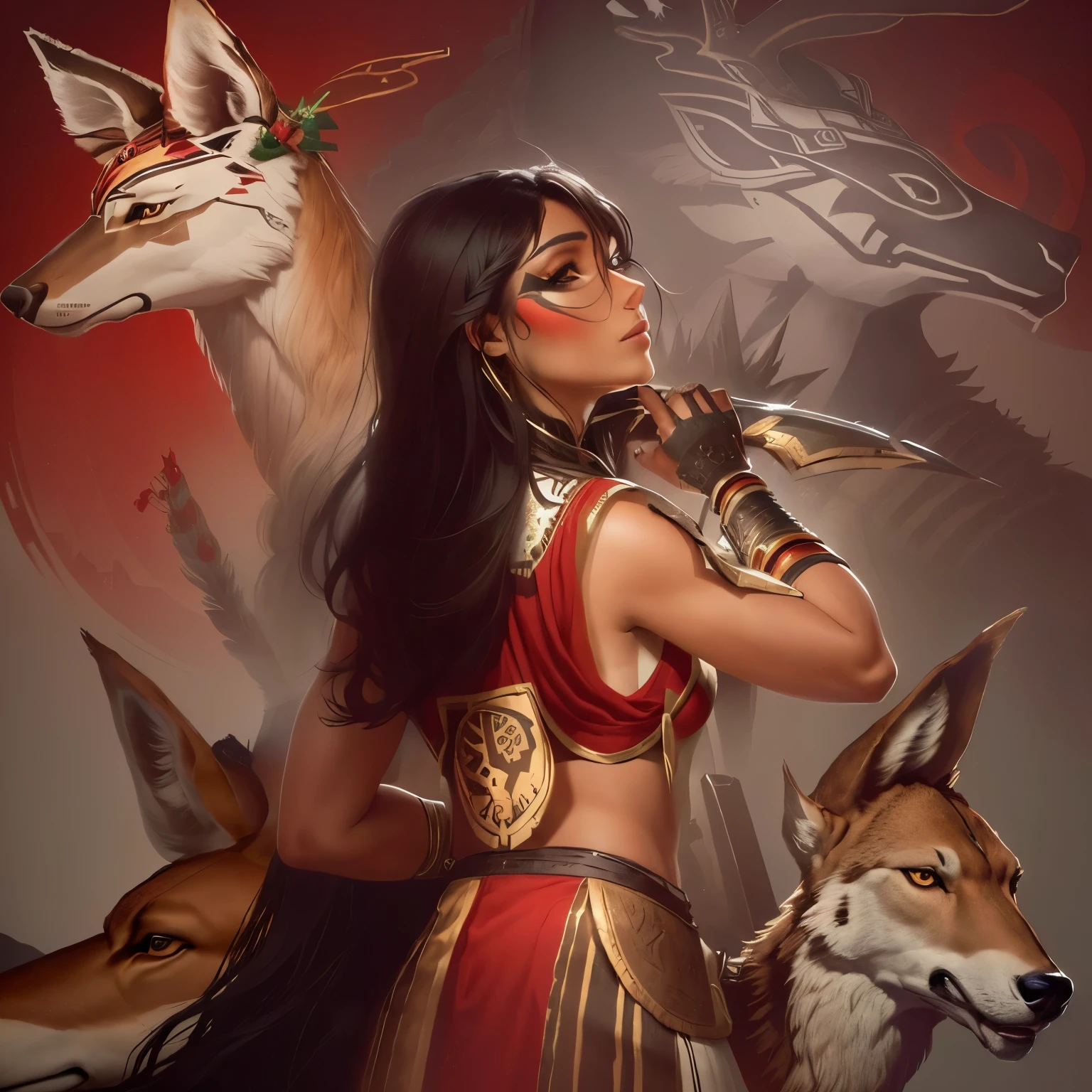 Aztec warrior, a deer and a wolf behind her