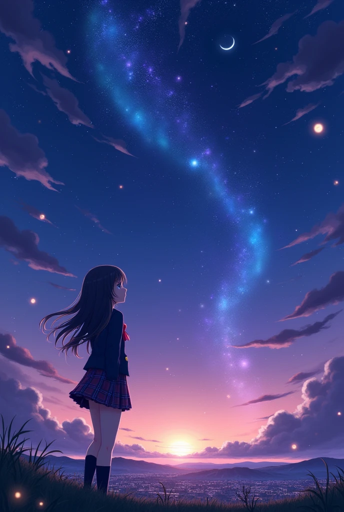night sky, shooting star, star \(sky\), starry sky, space, night, sky, milky way, aurora, galaxy, starry sky print, constellation, cloud, earth \(planet\), planet, fireworks, 1girl, anime girl, komi shouko, light particles, twilight, city lights, moon, starry background, sunset, crescent moon, skirt, dusk, solo, moonlight, gradient sky, bow, long hair, jacket, school uniform, full moon, sunrise, pantyhose, evening, cloudy sky, aerial fireworks, skyline, outdoors, snowing, striped, blazer, cityscape, fireflies, black hair, campfire, pleated skirt, star \(symbol\), fire, looking at viewer, plaid skirt, skyscraper, blue eyes, embers, blush, bangs, plaid, red bow, purple sky, tanabata, red skirt, shirt, horizon, telescope