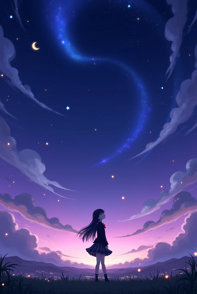 night sky, shooting star, star \(sky\), starry sky, space, night, sky, milky way, aurora, galaxy, starry sky print, constellation, cloud, earth \(planet\), planet, fireworks, 1girl, anime girl, komi shouko, light particles, twilight, city lights, moon, starry background, sunset, crescent moon, skirt, dusk, solo, moonlight, gradient sky, bow, long hair, jacket, school uniform, full moon, sunrise, pantyhose, evening, cloudy sky, aerial fireworks, skyline, outdoors, snowing, striped, blazer, cityscape, fireflies, black hair, campfire, pleated skirt, star \(symbol\), fire, looking at viewer, plaid skirt, skyscraper, blue eyes, embers, blush, bangs, plaid, red bow, purple sky, tanabata, red skirt, shirt, horizon, telescope