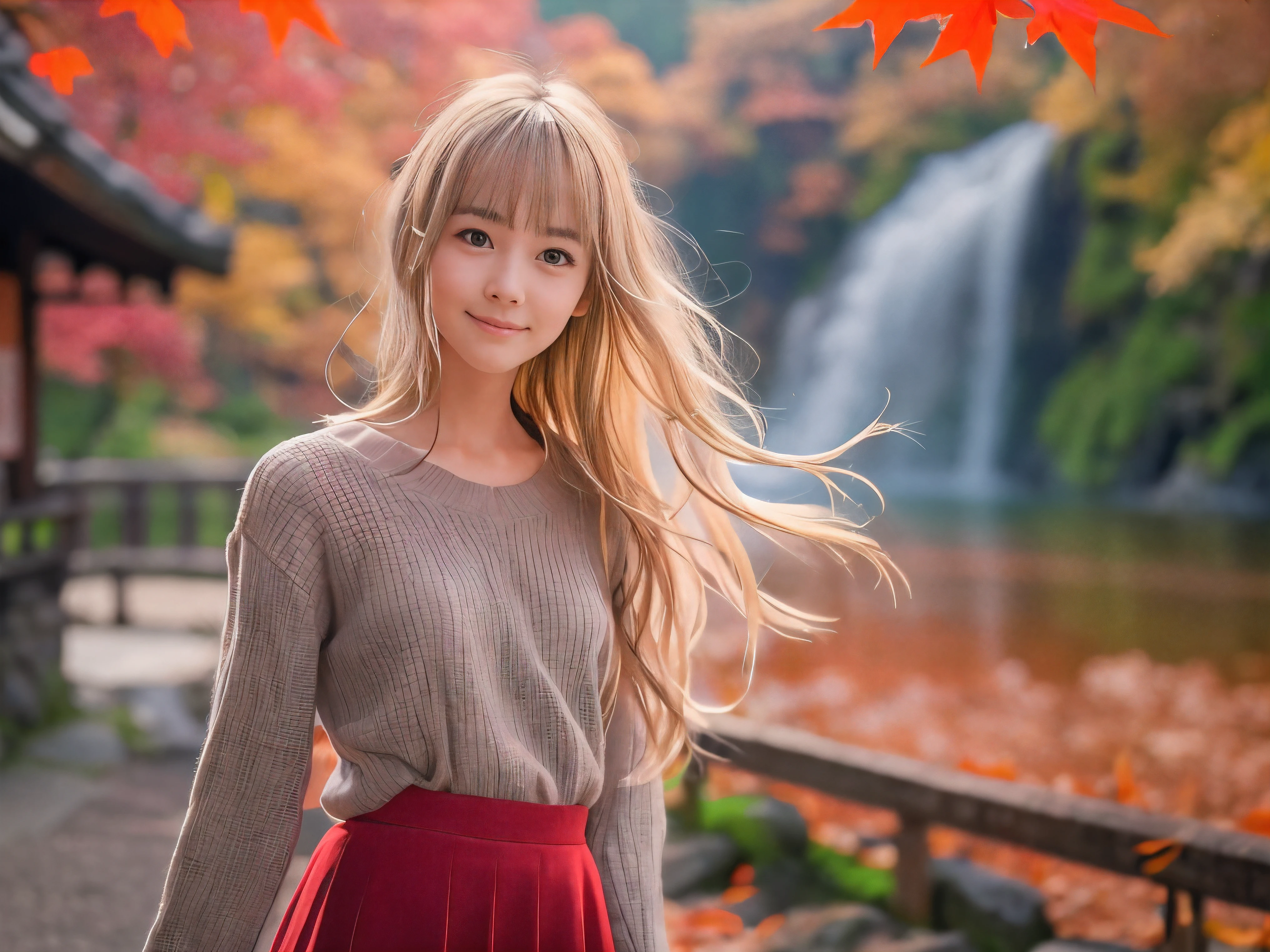 (Close up face shot of one slender small breasts half up blonde long hair with bangs girl in a long sleeves shirt and sweater and skirt:1.5)、(One blonde hair girl is dancing with small smile on the dart road near the lake and big waterfall in Japan:1.5)、(Beautiful autumn red leaves landscape:1.5)、(Natural light:1.5)、(8k ultra detailed master piece:1.5)、(perfect anatomy:1.5)、(Photorealistic stick:1.5)、(Raw photo:1.3)、(highest quality:1.5)、(High resolution:1.3)、(Delicate and beautiful perfect face:1.3)、(Delicate and beautiful eye air skin:1.3)、(Real Human Skin:1.3)、((thin legs))