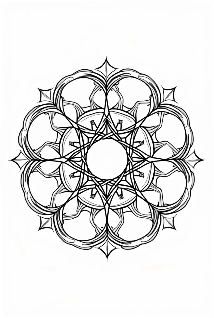 "Draw a mandala with abstract LINES patterns. Make sure the elements are symmetrical and the stroke is well defined, WITHOUT COLOR."