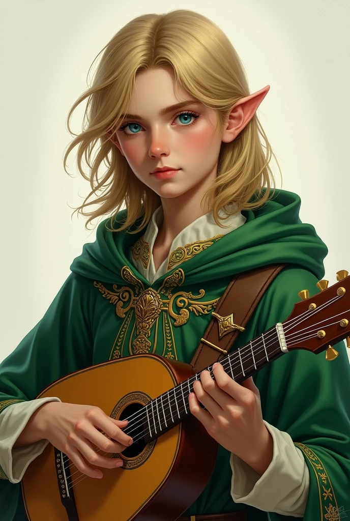Half elf blonde shoulder length hair with green cape. blue eyes. He has a mandolin