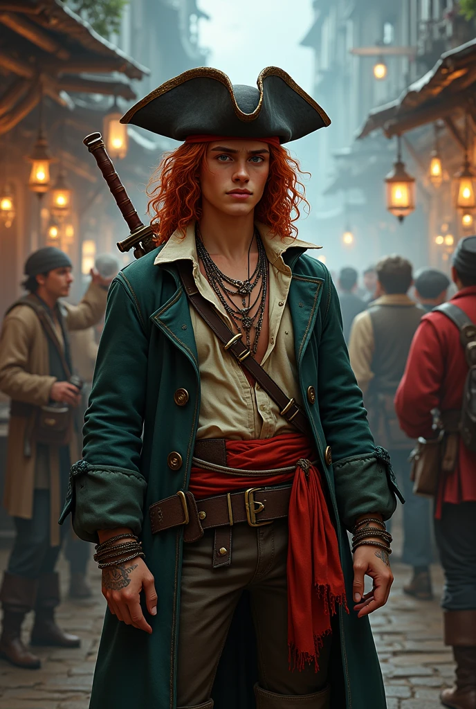 Red haired pirate, DnD world. Young male pirate with long curly red hair, he has no beard and a small scar on his nose. He’s wearing an old pirate trench cot, with an half ooen shirt under it. On his trousers he had a belt and a red band. On his head an old ruinedblack pirate hat. He’s having fun with many other sailor at the pub, there’s a storm in the background and a pirate city. He has two bastard sword on his back. He has many necklace and bracelets with some tatoos