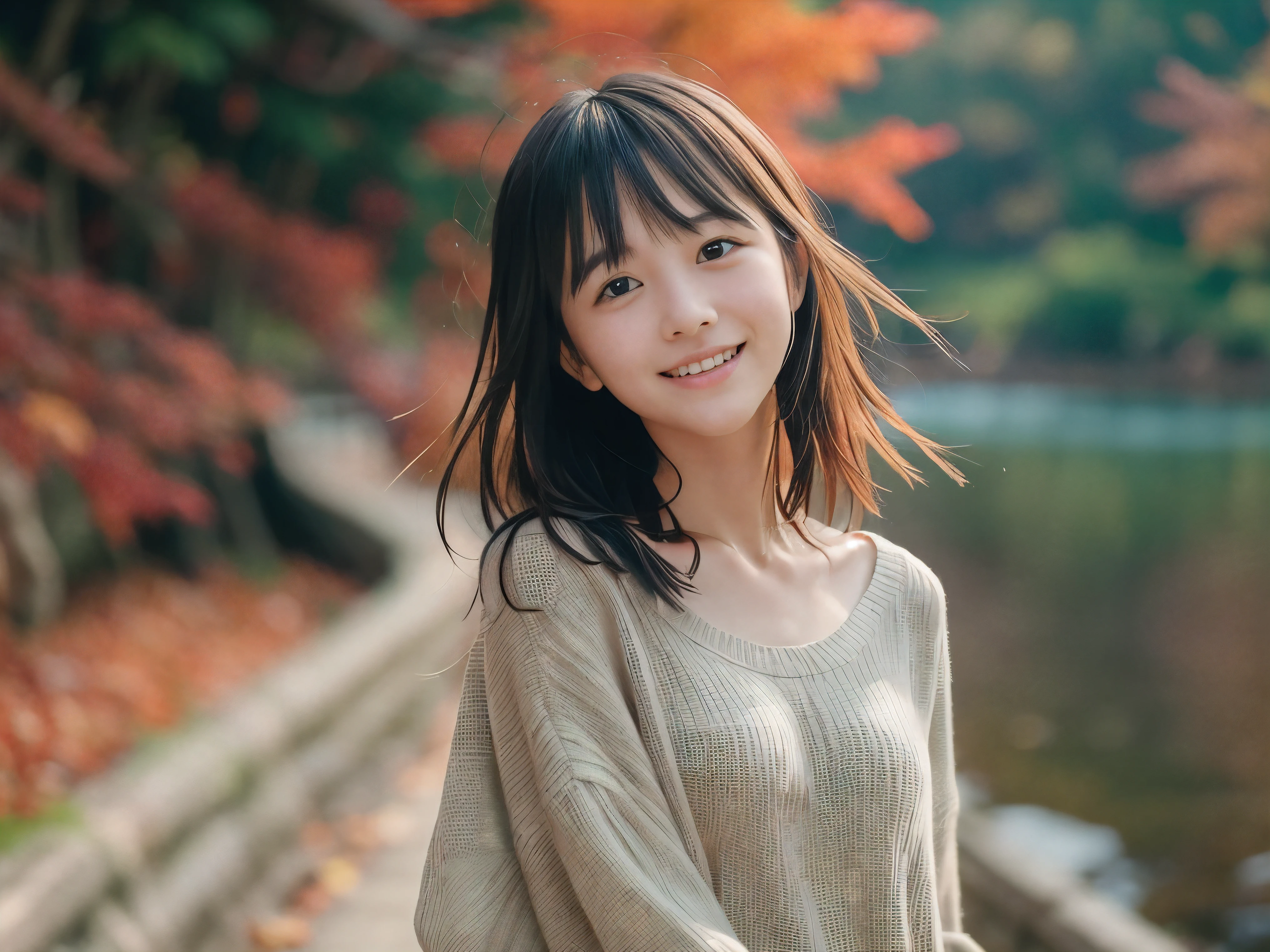 (Close up face shot of one slender small breasts two side up black medium hair with bangs girl in a long sleeves shirt and sweater and skirt:1.5)、(One girl is dancing with happy smile on the dart road near the lake and big waterfall in Japan:1.5)、(Beautiful autumn red leaves landscpe:1.5)、(Natural light:1.5)、(8k ultra detailed master piece:1.5)、(perfect anatomy:1.5)、(Photorealistic stick:1.5)、(Raw photo:1.3)、(highest quality:1.5)、(High resolution:1.3)、(Delicate and beautiful perfect face:1.3)、(Delicate and beautiful eye air skin:1.3)、(Real Human Skin:1.3)、((thin legs))