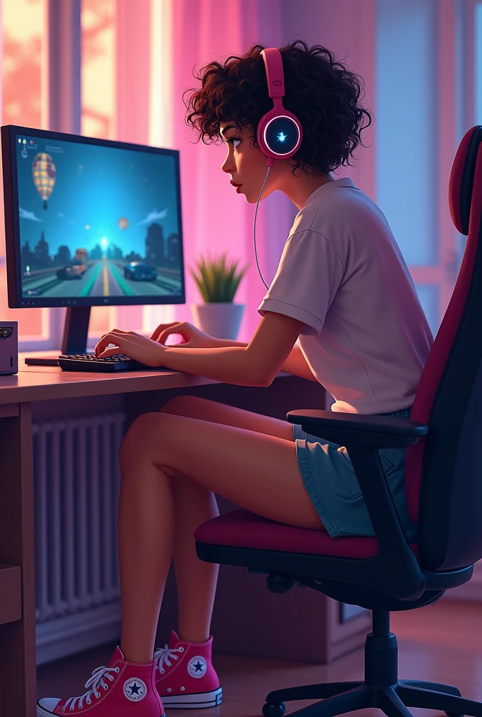 A 5 to , light-skinned brunette with short curly hair, wearing a skirt, pink All Star shoes and headphones sitting at her computer playing games.