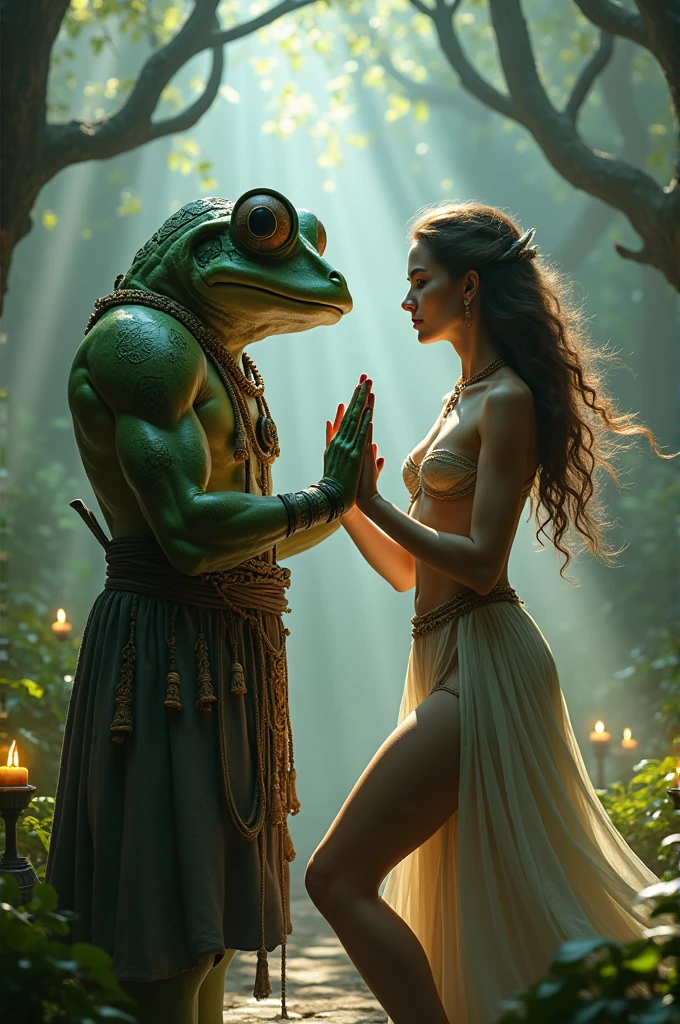 a frogpriest is dancing with goodlocking woman