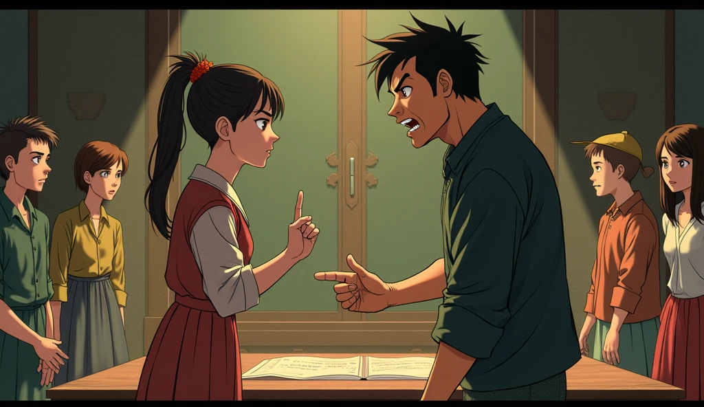 A tense scene featuring a nervous man pointing his finger angrily at a young woman standing in front of a table. Surrounding the table, other individuals look on in fear and anxiety. The art style should resemble the charming and detailed aesthetics of Studio Ghibli, with expressive characters and a vibrant, immersive background.