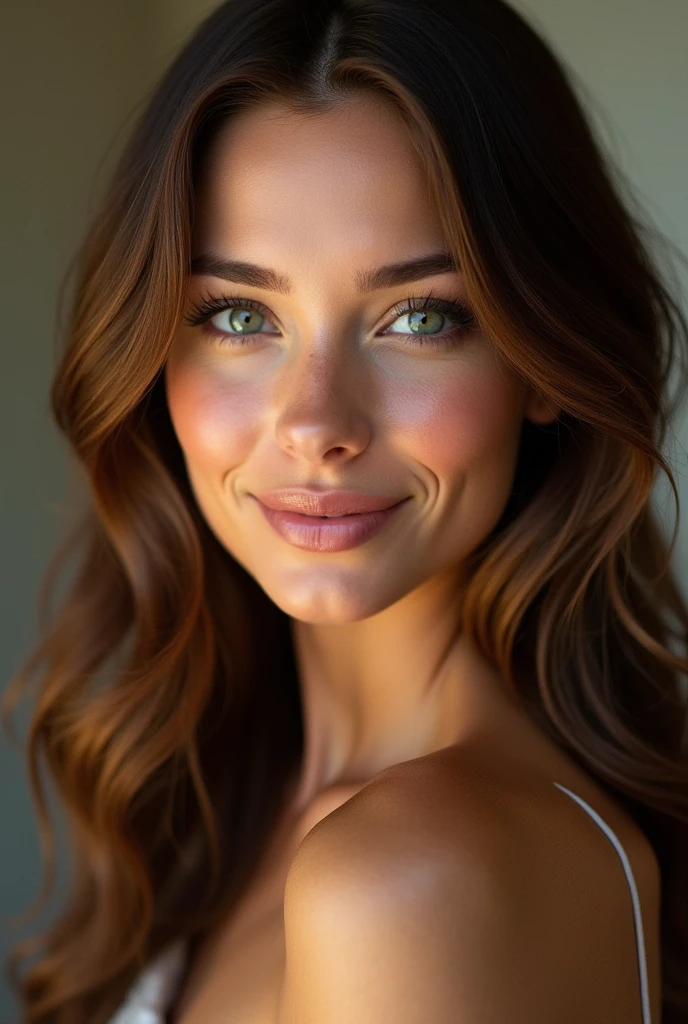 Create a complete portrait of an exceptionally beautiful 2 woman with perfect, glowing skin, dark green eyes and full lips. Her long, wavy chestnut hair frames her face with high, delicate cheekbones and a confident, gentle smile. The background is slightly blurred, highlighting her natural, breathtaking allure.