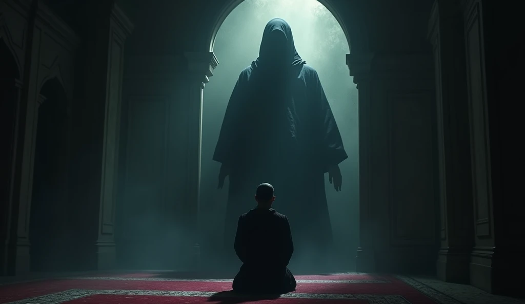 (Islamic horror story title : Shadows in the third part of the night)
Scene 4: Black Shadow Appears in Mosque - Setting and Atmosphere : The room in the mosque remains dim with a black shadow standing in the corner of the mosque.. The atmosphere should feel tense and intense..
- Main Characters : Hassan who is prostrating in the third rakat. The black shadow should be clearly visible with a sharp gaze towards Hassan.