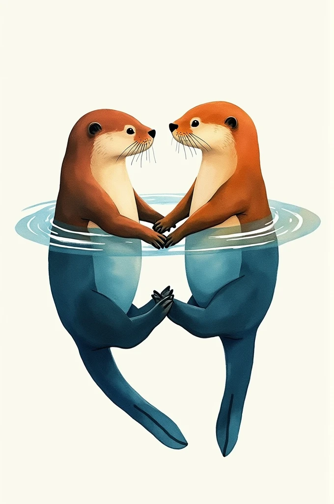 Watercolor Tatoo idea, two otters floating on their backs, holding hands, pocahontas colors in the wimd kimd of style